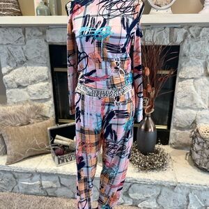 Pink and Black Abstract Jumpsuit with Wide Legs